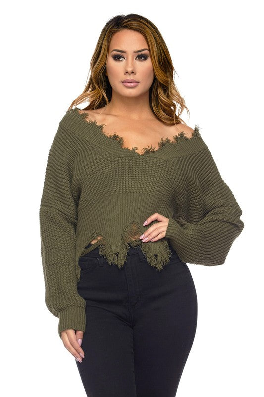 Destiny Distressed V-Neck Crop Sweater